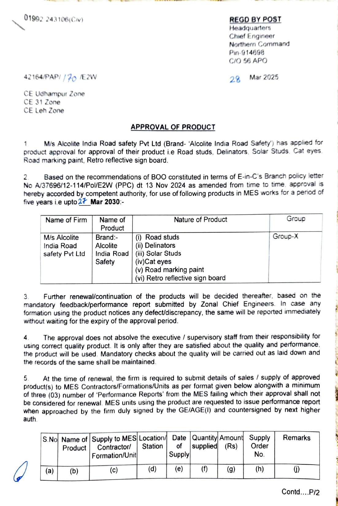 Northern Command MES Approval Letter